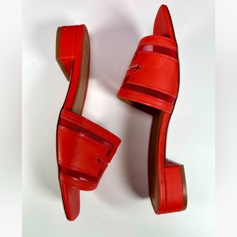 NIB Tory Burch Stitched Logo 30 mm Slide Sandals Calf Leather/Mesh Patent - Picture 3 of 11
